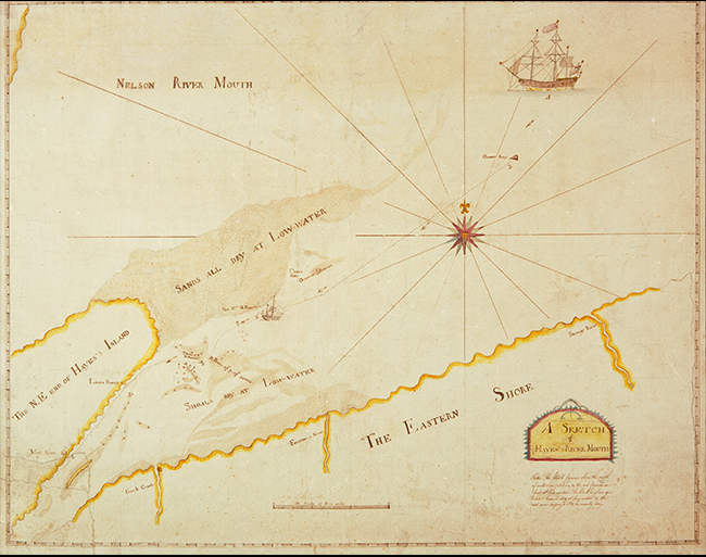 hand drawn map entitled &ldquo;A sketch of Hayes's River Mouth&rdquo;, showing the Nelson River Mouth, N.E. end of Haven's Island and the Eastern Shore