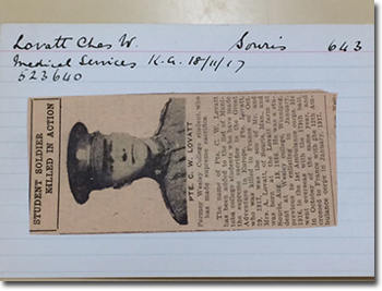 index card with newspaper article and picture of Chas Lovatt