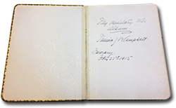 first page of Minnie Julia Beatrice Campbell's autograph book, with handwritten title &ldquo;My Auxiliary War Album. Minnie J. B. Campbell. Inverary. February 22nd 1915&rdquo;