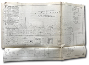 de plan de bateaux &agrave; l&rsquo;&eacute;chelle. &ldquo;General Arrangement S. S. Don Diego. Owned by the Buenos Ayres & Pacific Railway Co. Ld., Mr. George Dodd, Ships' Husband. Scale 1/16 to 1 foot.&rdquo;