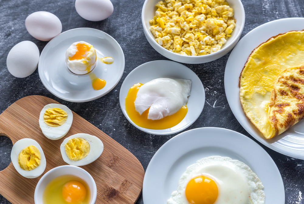 Picture of a variety of ways that eggs can be prepared, from poached to fried, scrambled and in an omelette.