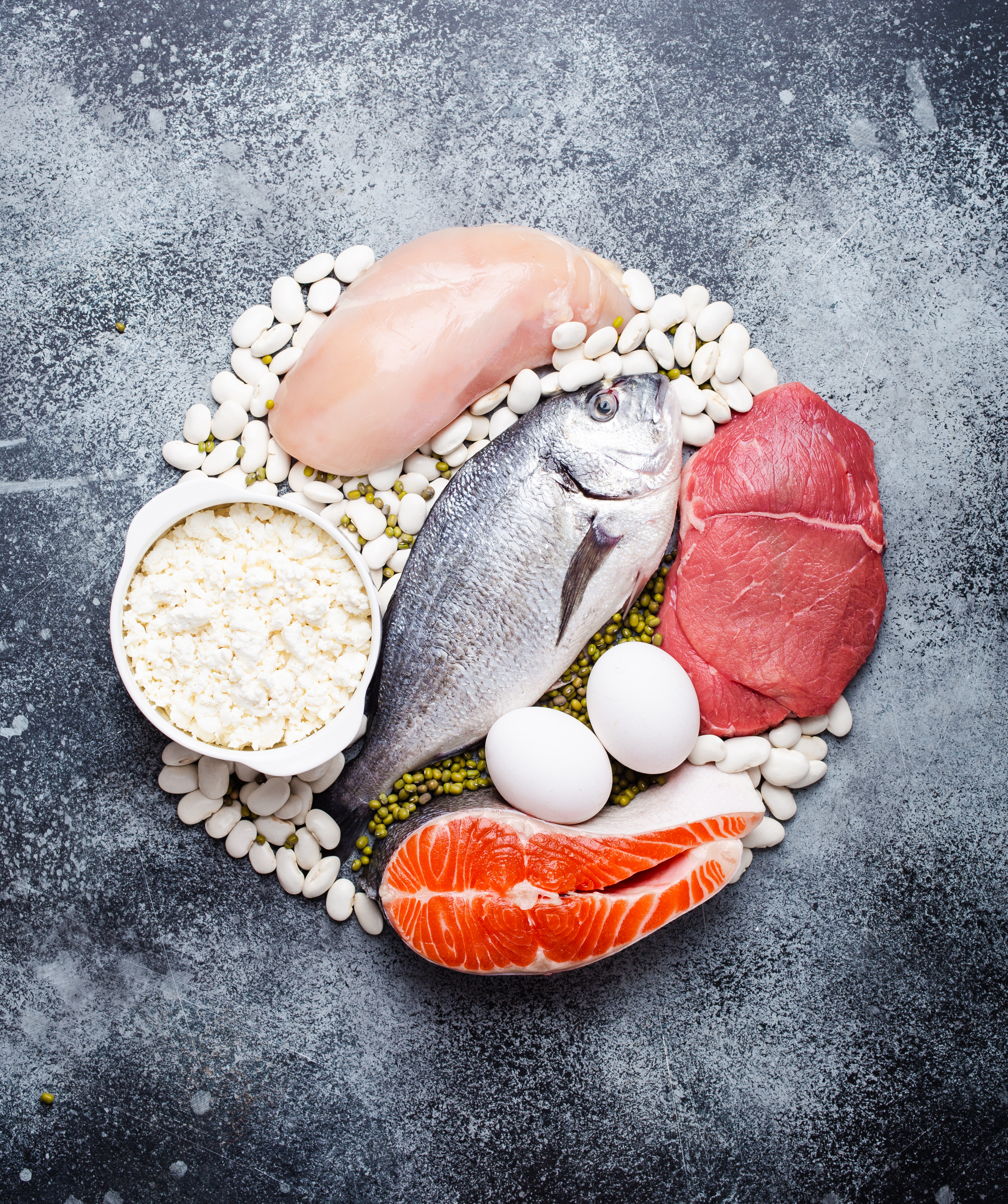 Photo de diverses protéines animales telles que du bœuf, du poulet, des œufs et du poisson sur un comptoir