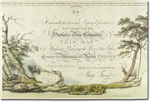 Carte de Philip Turnor &laquo; To the Honourable the  Governor, Deputy Governor, And Committee of the Hudson's Bay Company This Map Of Hudson's Bay and the Rivers and Lakes Between the Atlantick and Pacifick  Oceans Is most humbly Inscribed By Their most obedient & dutiful Servant, Philip Turnor &raquo;