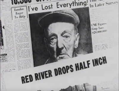 article de journal avec photo du visage d'un homme, texte : La rivire Rouge chute d'un demi-pouce