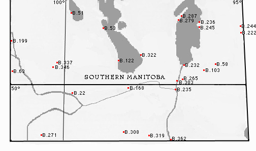 Map of Southern Manitoba with the locations of HBC Fur Trade Posts