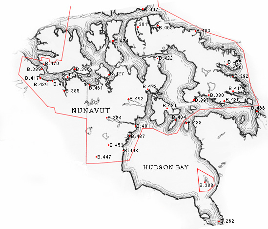 Map of Nunavut with the locations of HBC Fur Trade Posts