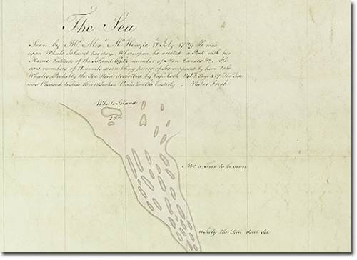 Detail from Turnor's map showing an illustration of a waterway near Whale Island. It is labelled: &ldquo;The Sea. Seen by W. Alex McKenzie 12th July 1729. He was upon Whale Island two days, Whereupon he erected a Post with his Name, Latitude of the Island 69.1 degrees, Number of Men Canoes Etc. He saw numbers of Animals resembling peices of Ice supposed by him to be Whales. Probably the Sea Horse described by Cap. Cook Val 2 Page 457. The Tide was Observed to Rise 16 or 18 Inches, Variation 36 Easterly, Water Fresh. Not a Tree to be seen. In July the Sun don't Set&rdquo;