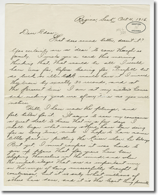 Fonds d’Edna M. Chapman Robson, lettre de Dick Robinson, 4 octobre 1915.