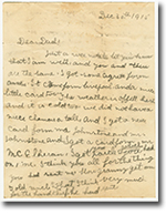 Lettre de William Cowie à Isaac Cowie, 30 décembre 1915, page 1 de 2. Archives  du Manitoba, Archives de la Compagnie de la Baie d'Hudson. Fonds Isaac Cowie.