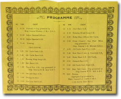 inside of pamphlet: &ldquo;Programme: 10.30 Football - Cup presented by Brig. General Elmsley, C.M.G.D.S.O; 10.30 Indoor Baseball Officers; 10.30 Indoor Baseball O.R., 11.00 Wresling, Lunch interval, 1.30 100 Yards Dash O.R., 1.40 440 Yards Race O.R., 1.40 Running Hing Jump O.R., 1.50 Tug-of-War O.R. Cup presented by Brig. General H.M. Dyer D.S.O, 1.55 One mile Race O.R., 2.00 Putting the Shot, 2.05 220 Yard Dash O.R., 2.15 Boot Race O.R., 2.20 Relay Race Officers 880 Yards, 2.30 Cross Country Run Four Miles Cup presented by Brig. General J.H. Mitchell D.S.O., 2.35 100 Yards Dash Final O.R., 2.40 Boat Races-S men & Coxswain O.R., 2.45 Relay Race O.R. 880 Yards, 2.55 Obstacle Race O.R., 3.00 220 Yards Dash Final O.R., 3.00 Base Ball Game cup Presented by Brig General F.W. Hill D.S.O., 4.00 Boxing Aggregate Cup presented by Major General L.J. Lipsett C.M.G. God Save the King.&rdquo;