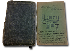 cover of George Henry Hambley's diary. The cover is black with no writing on it. The inner  the diary has writing : &ldquo;Geo. H. Hambley Can. Light Horse. Diary. Sept 30th 1917. No 7. When he sent his great voice forth out of his breast, and his words fell like the winter snows, nor then would any mortal contend with Ulysses - Homer's Iliad - Preface to speeches and letters by Abraham Lincoln&rdquo;
