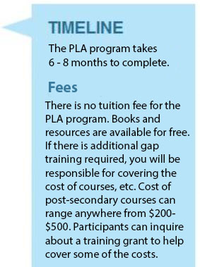 timeline The CBA/PLA program takes 6 – 8 months to complete. Fees There is no tuition fee for the CBA/PLA program. Books and resources are available for free. If there is additional gap training required, you will be responsible for covering the cost of courses, etc. Cost of post-secondary courses can range anywhere from $200 - $500. Participants can inquire about a training grant to help cover some of the costs.