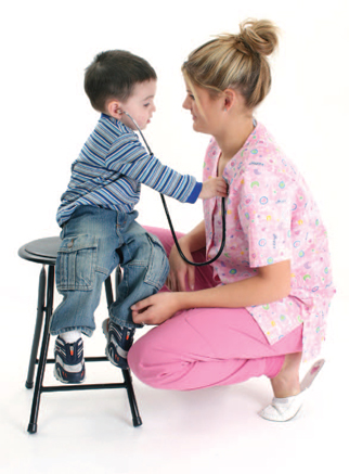 boy with stethoscope against a nurse's chest