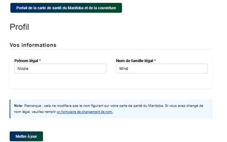Page de profil sur mon compte de carte d'assurance-maladie du Manitoba