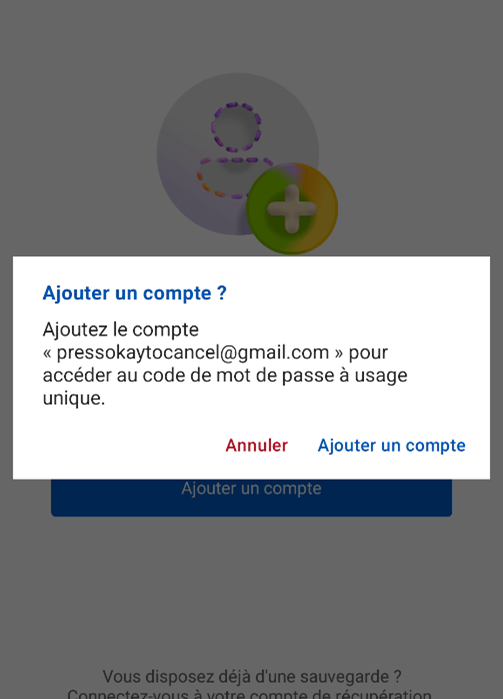 Fen�tre contextuelle � Ajouter un compte � sur l'application d'authentification
