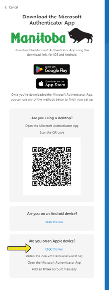 Screen to download authenticator app pointing to link for Apple download