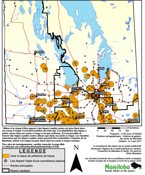 Distribution des zones à risque de présence de tiques à pattes noires au Manitoba