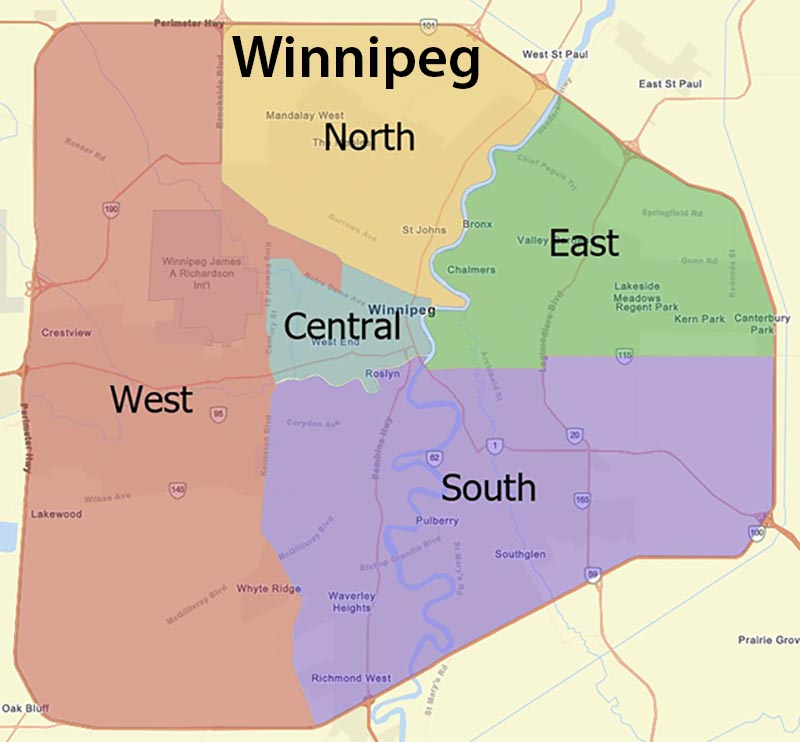 Map of Winnipeg showing five Manitoba Housing districts 