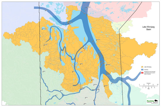 Lake Winnipeg Basin illustrating the drainage system and movement of water flow