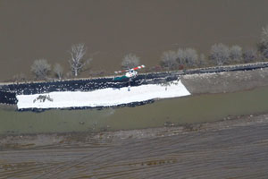 Helicopters deliver sandbags to Assiniboine River dike reinforcement. May 2011