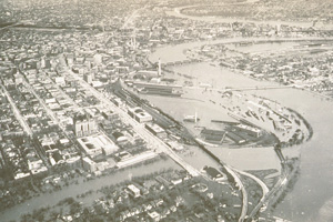 An aerial photo showing flooding in the former CNR rail yards at The Forks in downtown Winnipeg, 1950