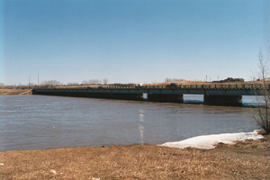 Peak water levels just below PTH 59 in the floodway channel, 1997.