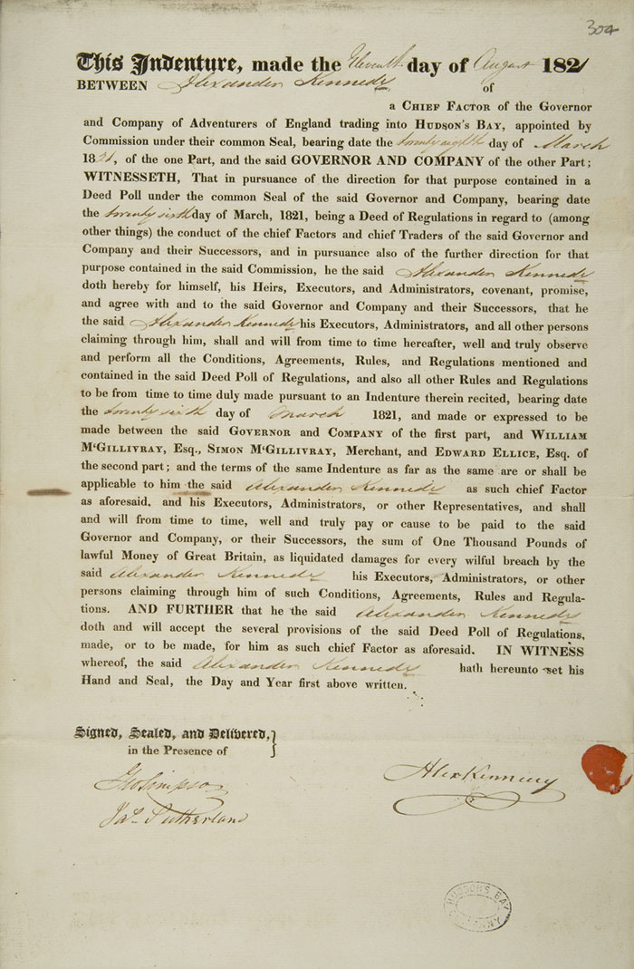 Contrat de Kennedy avec la Compagnie de la Baie d'Hudson, 1821