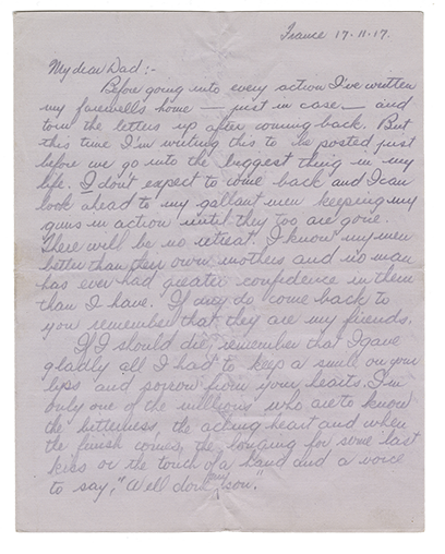 Lettre d'Alexander Waugh à son père, France, 17 novembre 1917